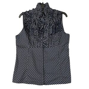 DS By Debbie Shuchat Blouse Size 12 Navy Polka Dot Ruffle Front Elegant Classic